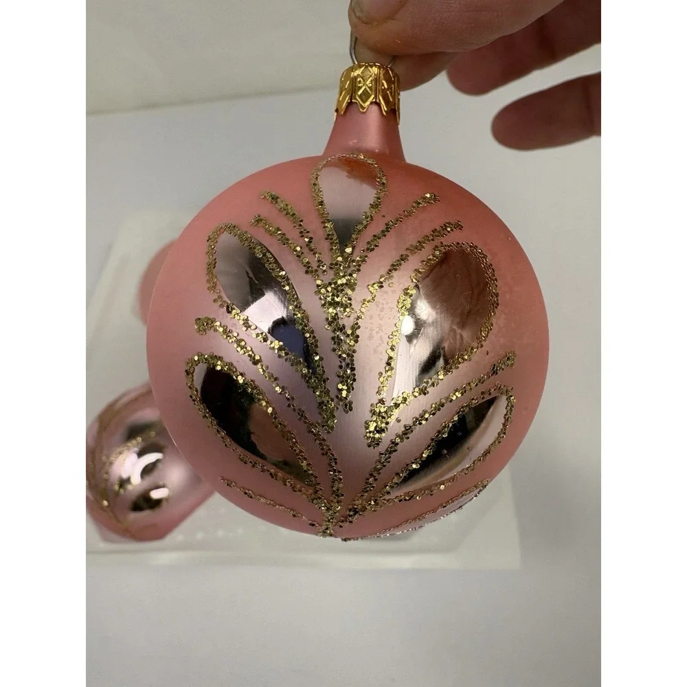 Vintage Krebs Glass Christmas Ornaments Set of 4 Pink & Gold Hand Decorated USA‎